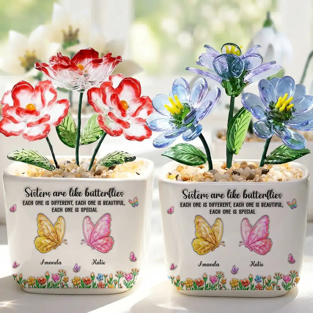 Gift For Cousin,Christmas,Gift For Sister,Gift For Sibling,Icon,Happy - Sisters Are Like Butterflies Crystal 3D Inflated Effect - Personalized Glass Flower Plant Pot