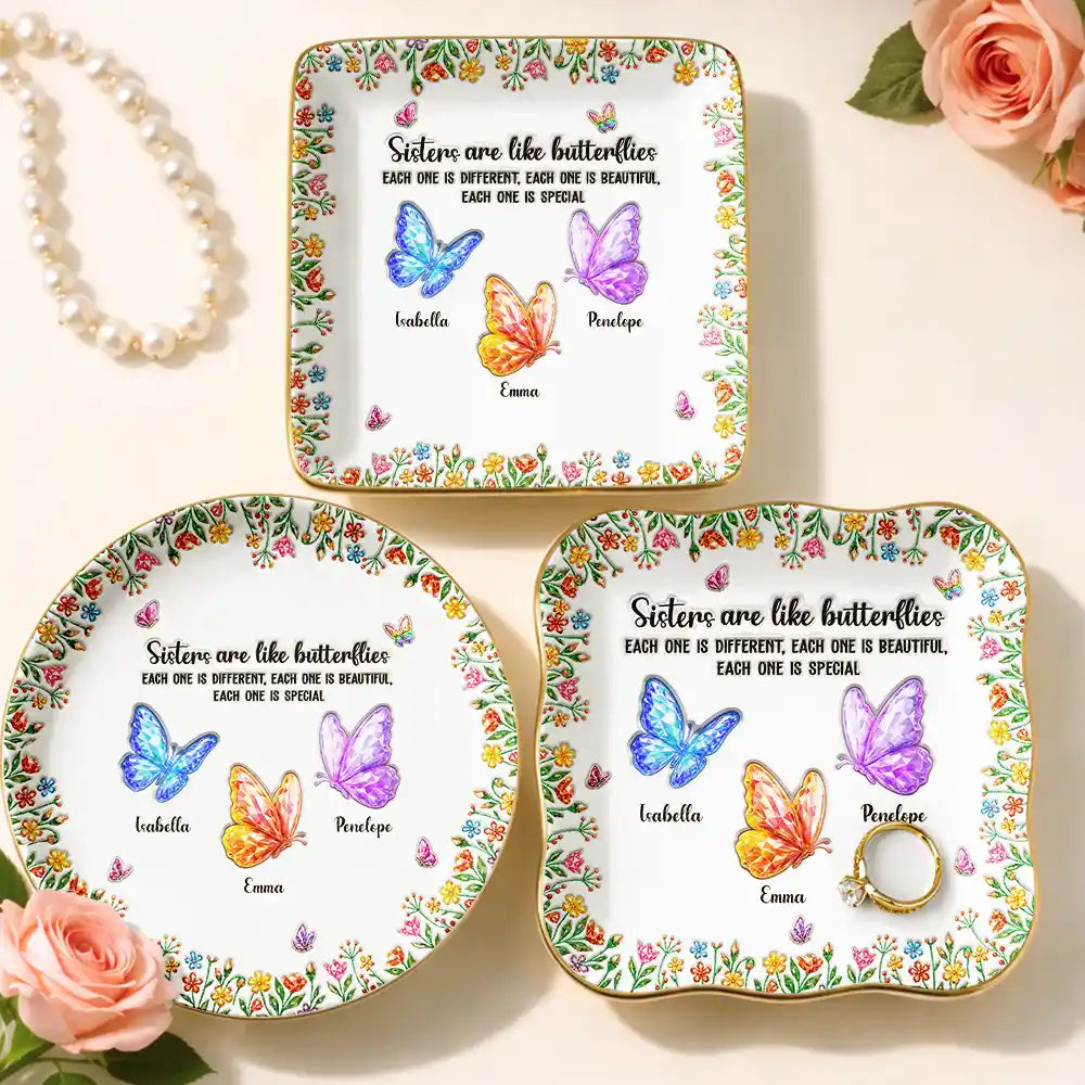 Sisters Are Like Butterflies Crystal 3D Inflated Effect - Personalized Ring Dish
