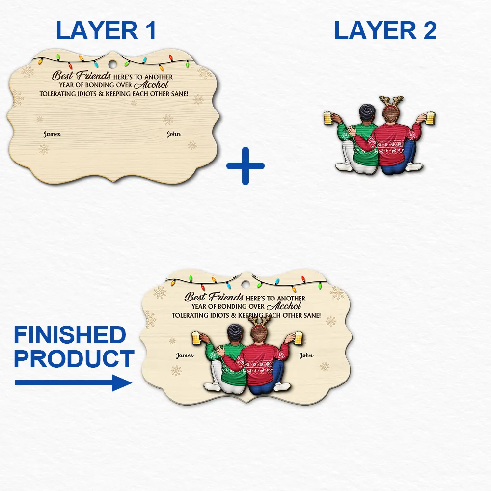 Gift For Bestie, Old Best friends, Gift For Sisters, Happy, Christmas - Sitting Besties Here's To Another Year Of Us - Personalized 2-Layered Wooden Ornament