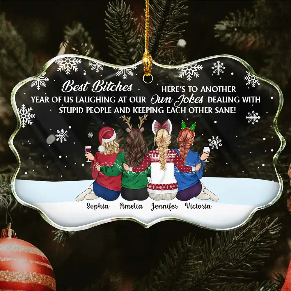 Gift For Bestie,Old Best friends,Gift For Sisters,Happy,Christma - Sitting Besties Here's To Another Year Of Us - Personalized Medallion Glass Ornament