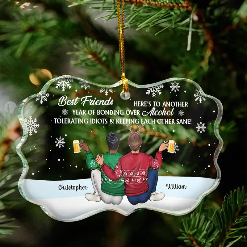 Gift For Bestie,Old Best friends,Gift For Sisters,Happy,Christma - Sitting Besties Here's To Another Year Of Us - Personalized Medallion Glass Ornament