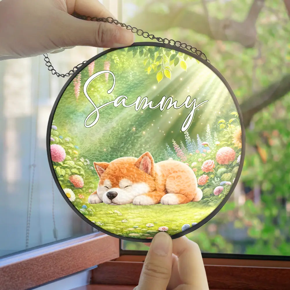 Dog Lovers,Dog Mom,Dog Dad,Happy - Sleeping Dog In The Garden - Personalized Stained Glass Window Hanging Suncatcher