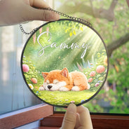 Dog Lovers,Dog Mom,Dog Dad,Happy - Sleeping Dog In The Garden - Personalized Stained Glass Window Hanging Suncatcher