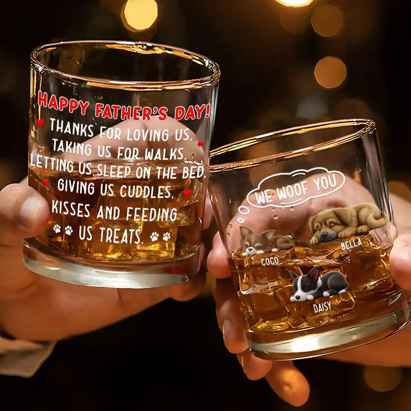 Pet Lovers, Pet Dad, Dog Lovers, Dog Dad, Happy, Gift For Father - Sleeping Dog Thanks For Loving Me - Personalized Whiskey Glass