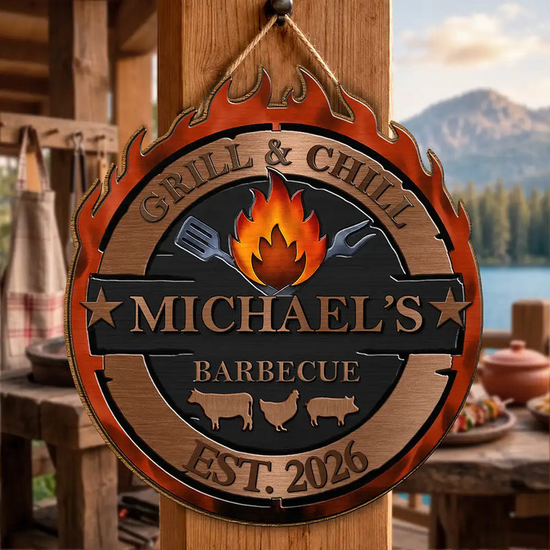Gift For Yourself,Grilling,Custom Text,Happy - Smoke House And Grill Barbecue - Personalized Custom Shaped Wood Sign