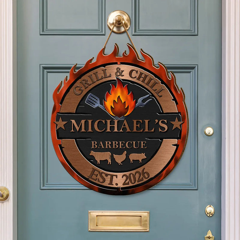 Gift For Yourself,Grilling,Custom Text,Happy - Smoke House And Grill Barbecue - Personalized Custom Shaped Wood Sign