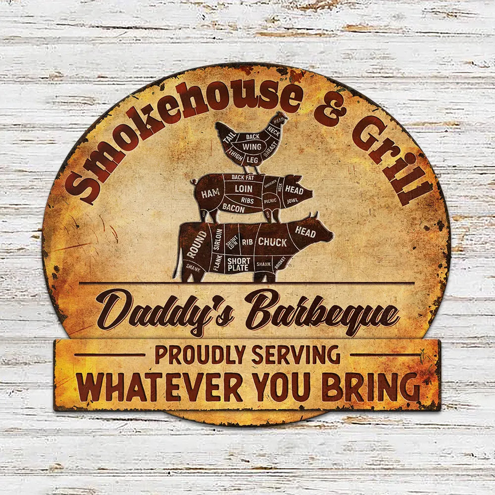Gift For Father, Grilling, Happy - Smokehouse & Grill Dad's Barbeque - Personalized Custom Shaped Metal Sign