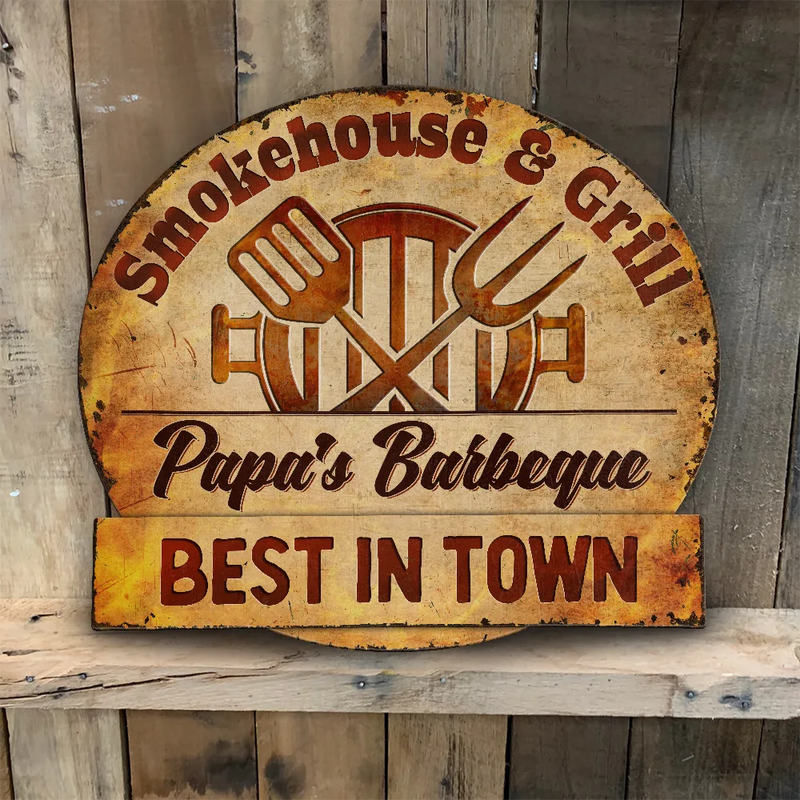 Gift For Father, Grilling, Happy - Smokehouse & Grill Dad's Barbeque - Personalized Custom Shaped Metal Sign