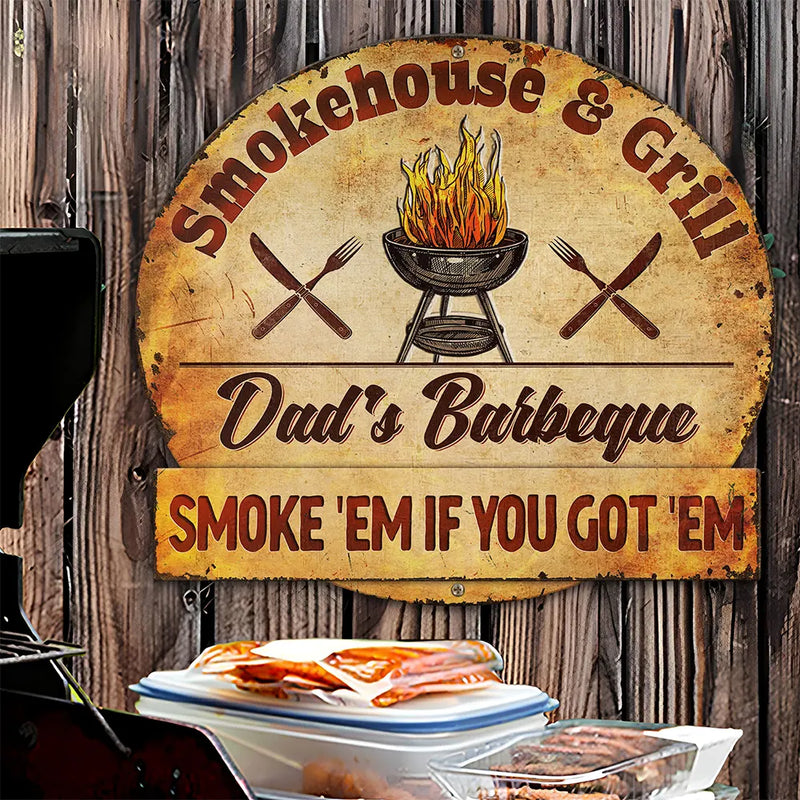 Gift For Father, Grilling, Happy - Smokehouse & Grill Dad's Barbeque - Personalized Custom Shaped Metal Sign