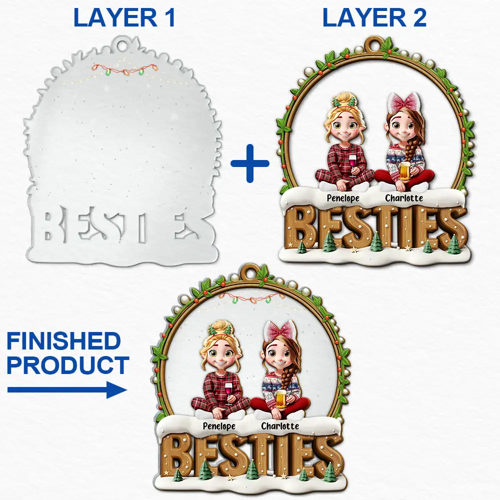 Gift For Bestie,Christmas,Happy,Gift For Sisters,Gift For Brothers,Gift For Sibling,Cousin - Snowball Besties Friends Siblings Forever - Personalized 2-Layered Mix Ornament