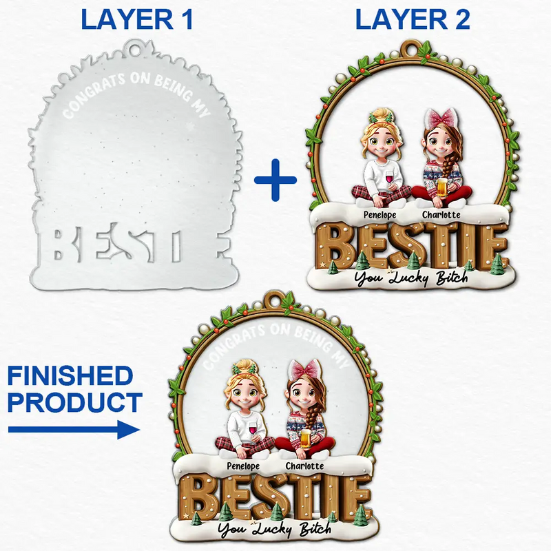 Gift For Bestie,Christmas,Happy,Gift For Sisters,Gift For Brothers,Gift For Sibling,Cousin - Snowball Congrats On Being My Besties Friends Siblings - Personalized 2-Layered Mix Ornament