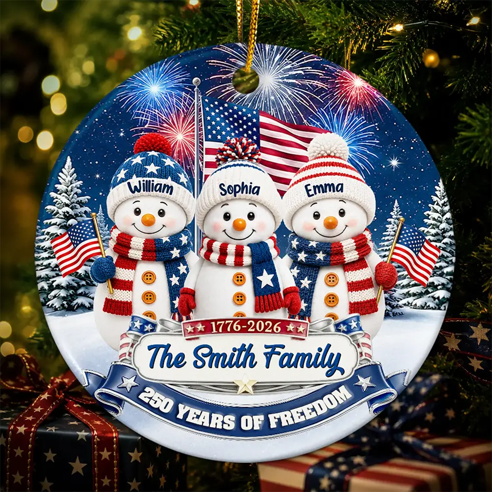 Independence Day,America 250th,Christmas,Proud,Family,Icon - Snowman 250 Years Of Freedom Anniversary - Personalized Circle Ceramic Ornament