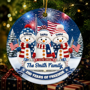 Independence Day,America 250th,Christmas,Proud,Family,Icon - Snowman 250 Years Of Freedom Anniversary - Personalized Circle Ceramic Ornament