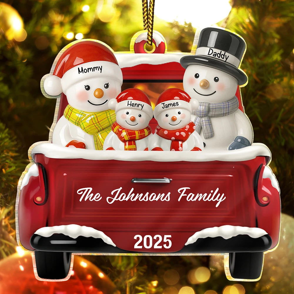 Happy, Family, Christmas, Gift For Couples, Parents, Married - Snowman Family Ceramic Effect Red Truck - Personalized Custom Shaped Acrylic Ornament