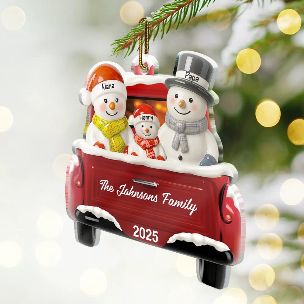 Happy, Family, Christmas, Gift For Couples, Parents, Married - Snowman Family Ceramic Effect Red Truck - Personalized Custom Shaped Acrylic Ornament