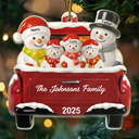 Happy, Family, Christmas, Gift For Couples, Parents, Married - Snowman Family Ceramic Effect Red Truck - Personalized Custom Shaped Acrylic Ornament