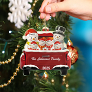 Happy, Family, Christmas, Gift For Couples, Parents, Married - Snowman Family Ceramic Effect Red Truck - Personalized Custom Shaped Acrylic Ornament