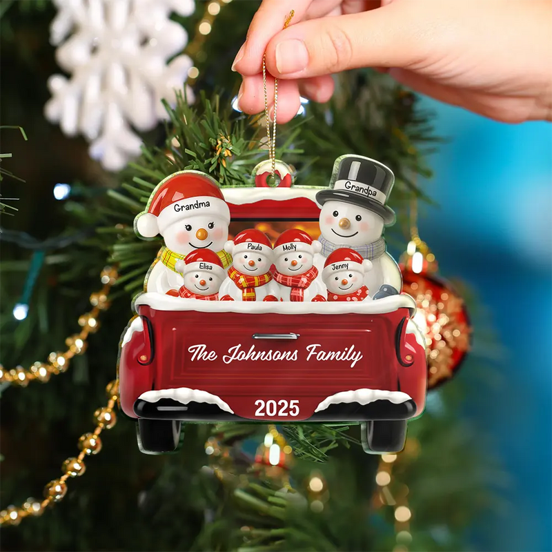 Happy, Family, Christmas, Gift For Couples, Parents, Married - Snowman Family Ceramic Effect Red Truck - Personalized Custom Shaped Acrylic Ornament
