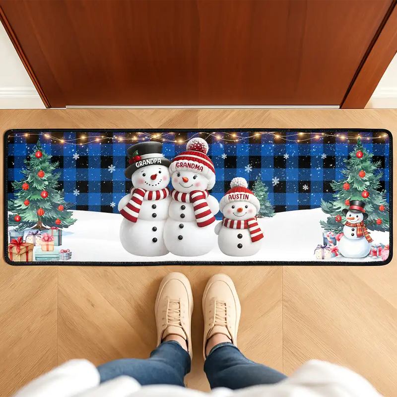 Family,Parents,Gift For Grandparents,Gift For Kids,Happy,Christmas - Snowman Family Christmas Plaid Pattern - Personalized Runner Rug