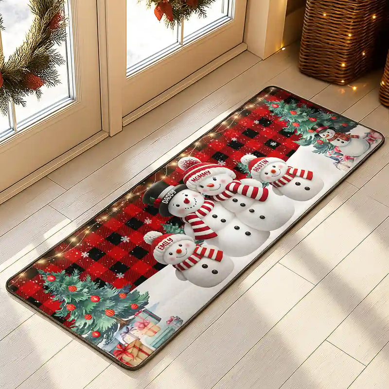 Family,Parents,Gift For Grandparents,Gift For Kids,Happy,Christmas - Snowman Family Christmas Plaid Pattern - Personalized Runner Rug