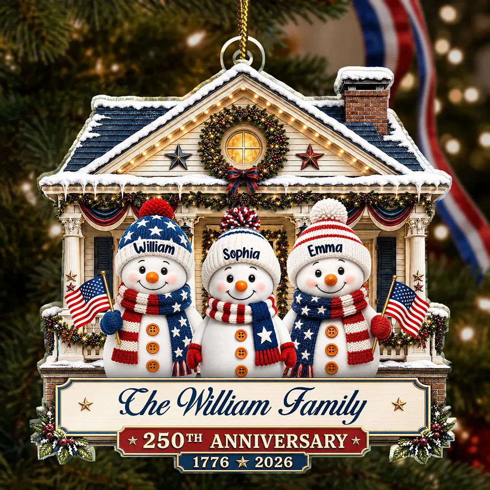 Independence Day,America 250th,Christmas,Proud,Family,Icon - Snowman Family Home 250th Anniversary - Personalized Custom Shaped Acrylic Ornament