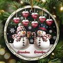 Happy,Gift For Grandma,Gift For Grandpa,Gift For Grandparents,Christmas - Snowman Grandma Grandpa Grandkids - Personalized Circle Glass Ornament
