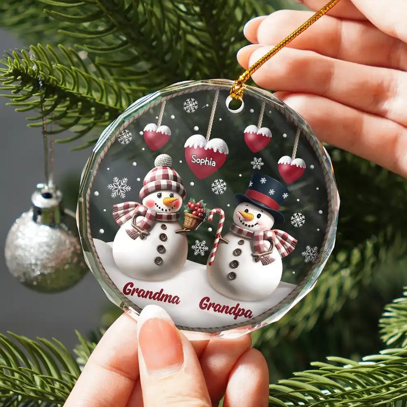 Happy,Gift For Grandma,Gift For Grandpa,Gift For Grandparents,Christmas - Snowman Grandma Grandpa Grandkids - Personalized Circle Glass Ornament