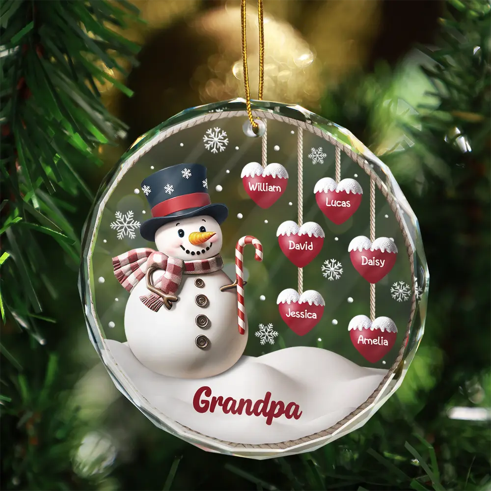 Happy,Gift For Grandma,Gift For Grandpa,Gift For Grandparents,Christmas - Snowman Grandma Grandpa Grandkids - Personalized Circle Glass Ornament