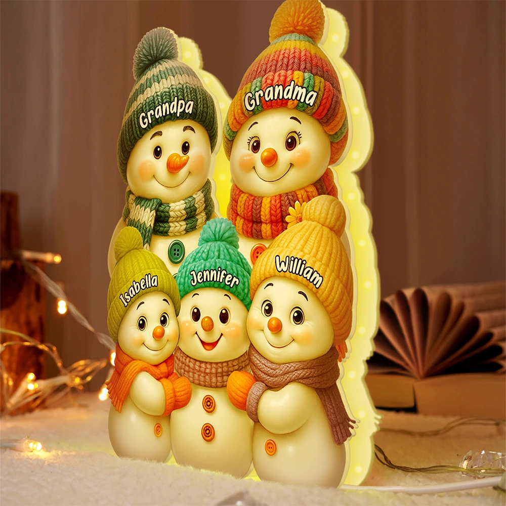 Gift For Grandparents,Gift For Grandma,Gift For Grandpa,Gift For Grandkids,Love,Christmas,Top Market,Non-Eng - Snowman Grandma and Grandkids - Personalized Custom Shaped Light Box