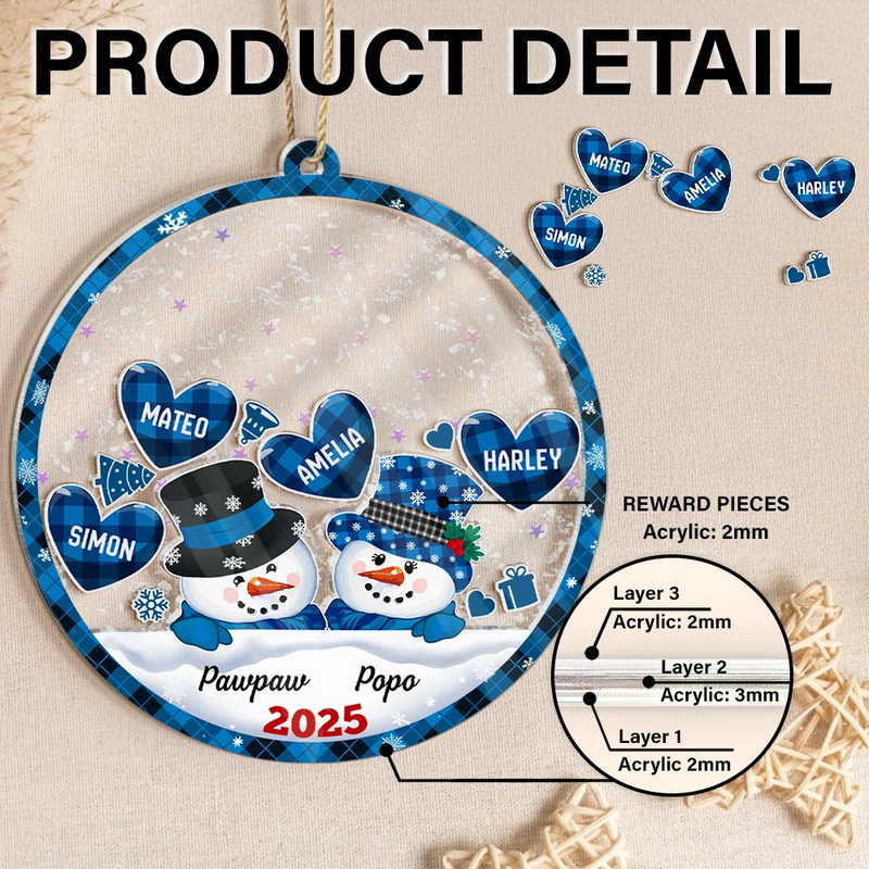 Christmas, Gift For Grandparents, Gift For Grandma, Gift For Grandpa, Grandma - Grandkids, Happy - Snowman Papa & Nana Christmas - Personalized 3-Layered Acrylic Shaker Ornament