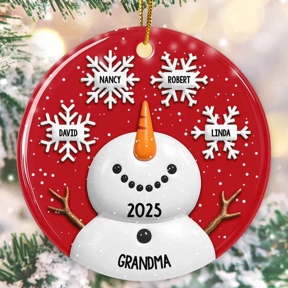 Snowy Grandma Nana Snowflake Grandkid Name - Personalized Circle Ceramic Ornament