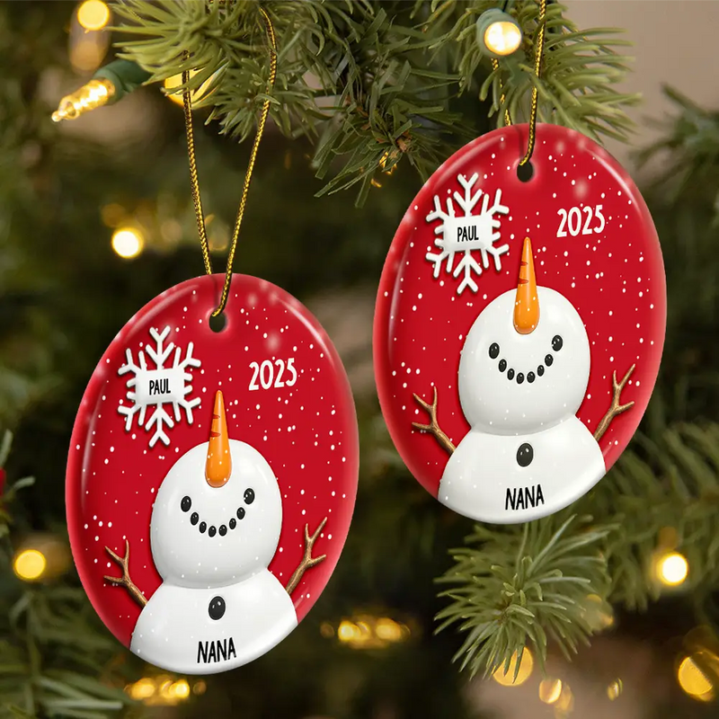 Gift For Grandma,Gift For Mother,Happy,Christmas - Snowy Grandma Nana Snowflake Grandkid Name - Personalized Circle Ceramic Ornament