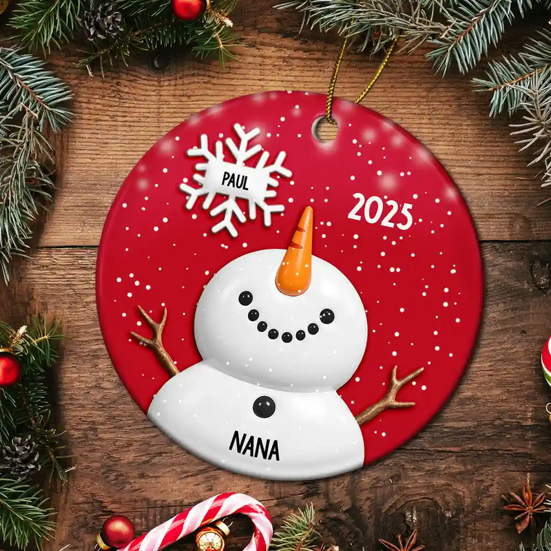Gift For Grandma,Gift For Mother,Happy,Christmas - Snowy Grandma Nana Snowflake Grandkid Name - Personalized Circle Ceramic Ornament