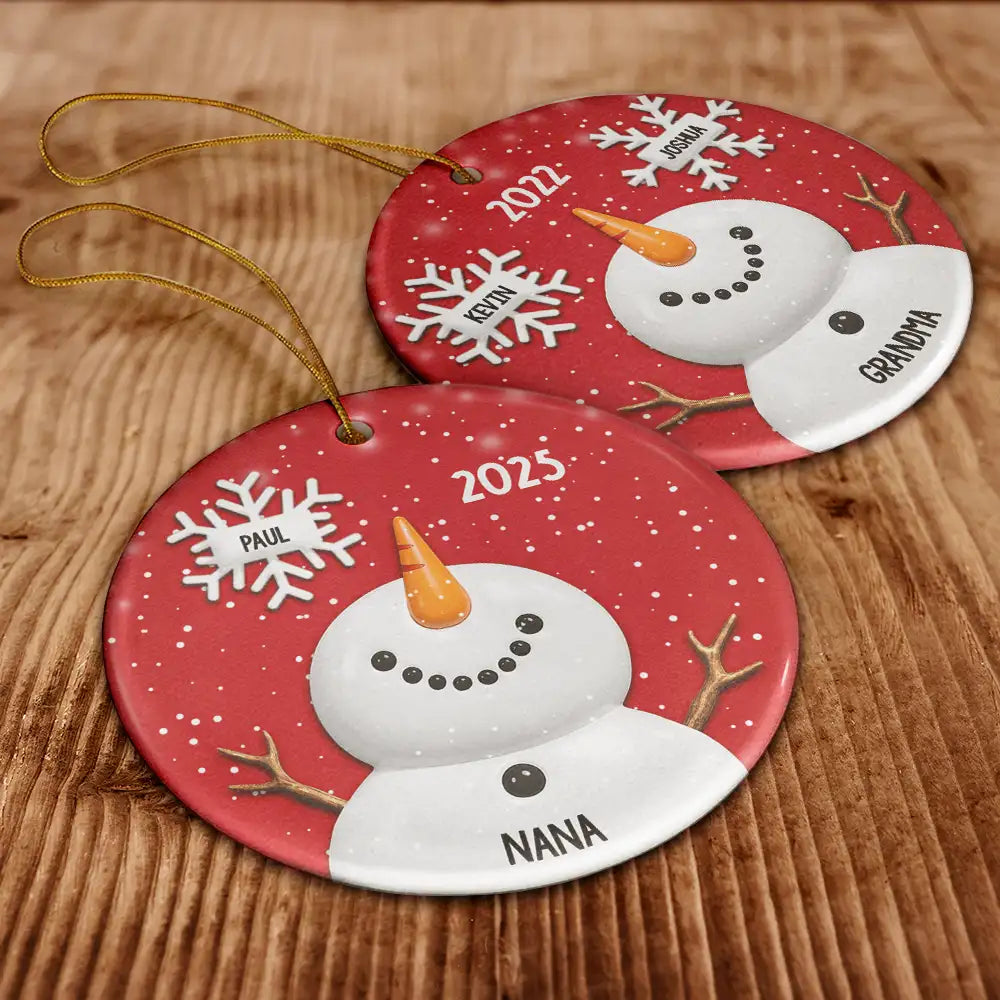 Gift For Grandma,Gift For Mother,Happy,Christmas - Snowy Grandma Nana Snowflake Grandkid Name - Personalized Circle Ceramic Ornament