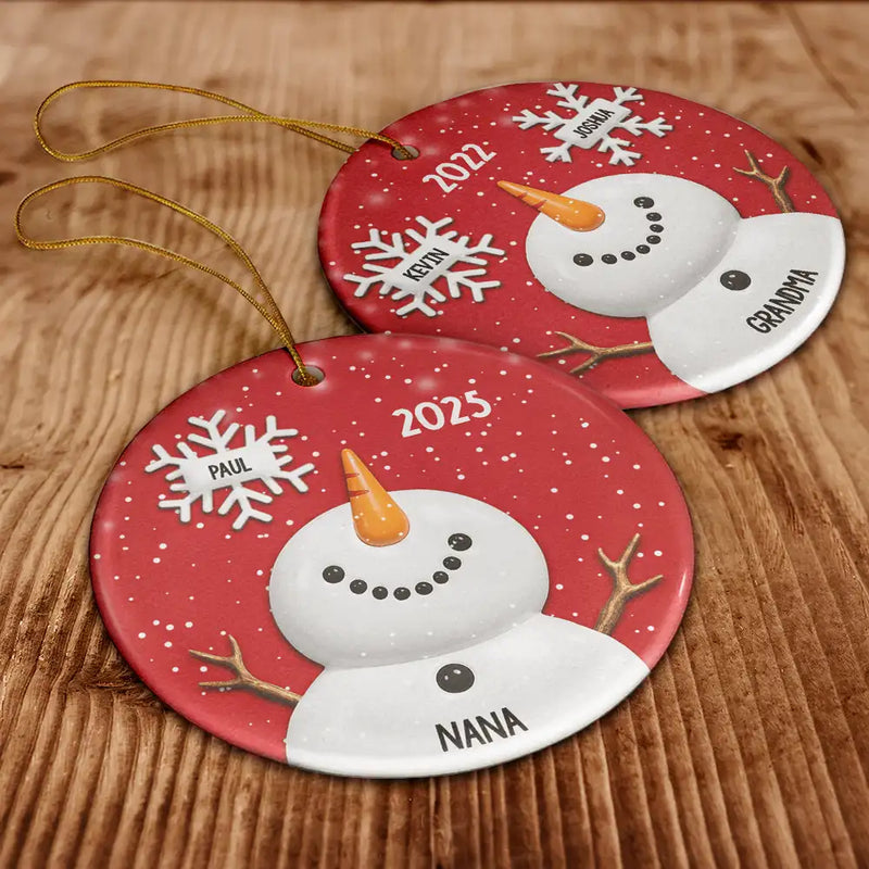 Gift For Grandma,Gift For Mother,Happy,Christmas - Snowy Grandma Nana Snowflake Grandkid Name - Personalized Circle Ceramic Ornament