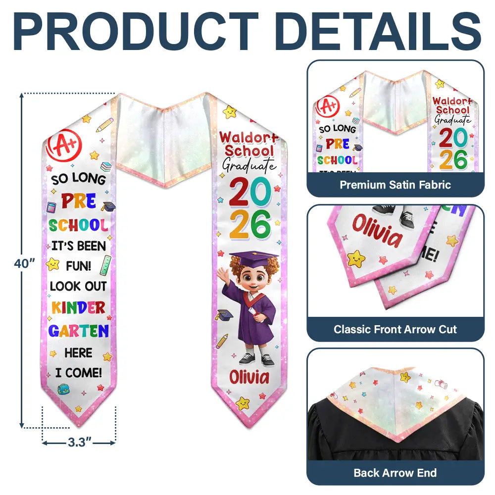 Graduation,Gift For Grandkids,Gift For Kids,Happy - So Long Preschool Graduation - Personalized Kid Graduation Stole