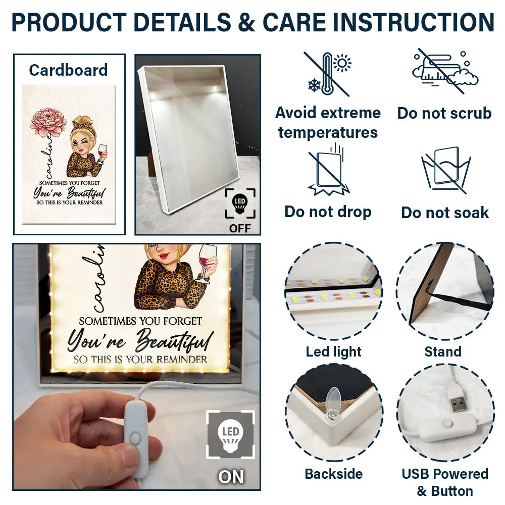 Gift For Yourself, Gift For Women, Happy - Sometimes You Forget You're Beautiful - Personalized LED Mirror Frame Lamp