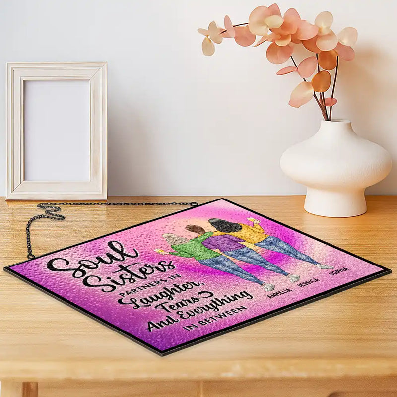 Gift For Bestie, Funny - Soul Sisters Partners In Everything - Personalized Horizontal Stained Glass Suncatcher