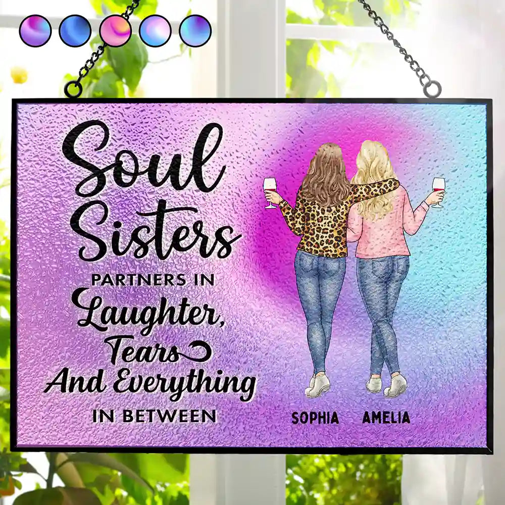 Gift For Bestie, Funny - Soul Sisters Partners In Everything - Personalized Horizontal Stained Glass Suncatcher