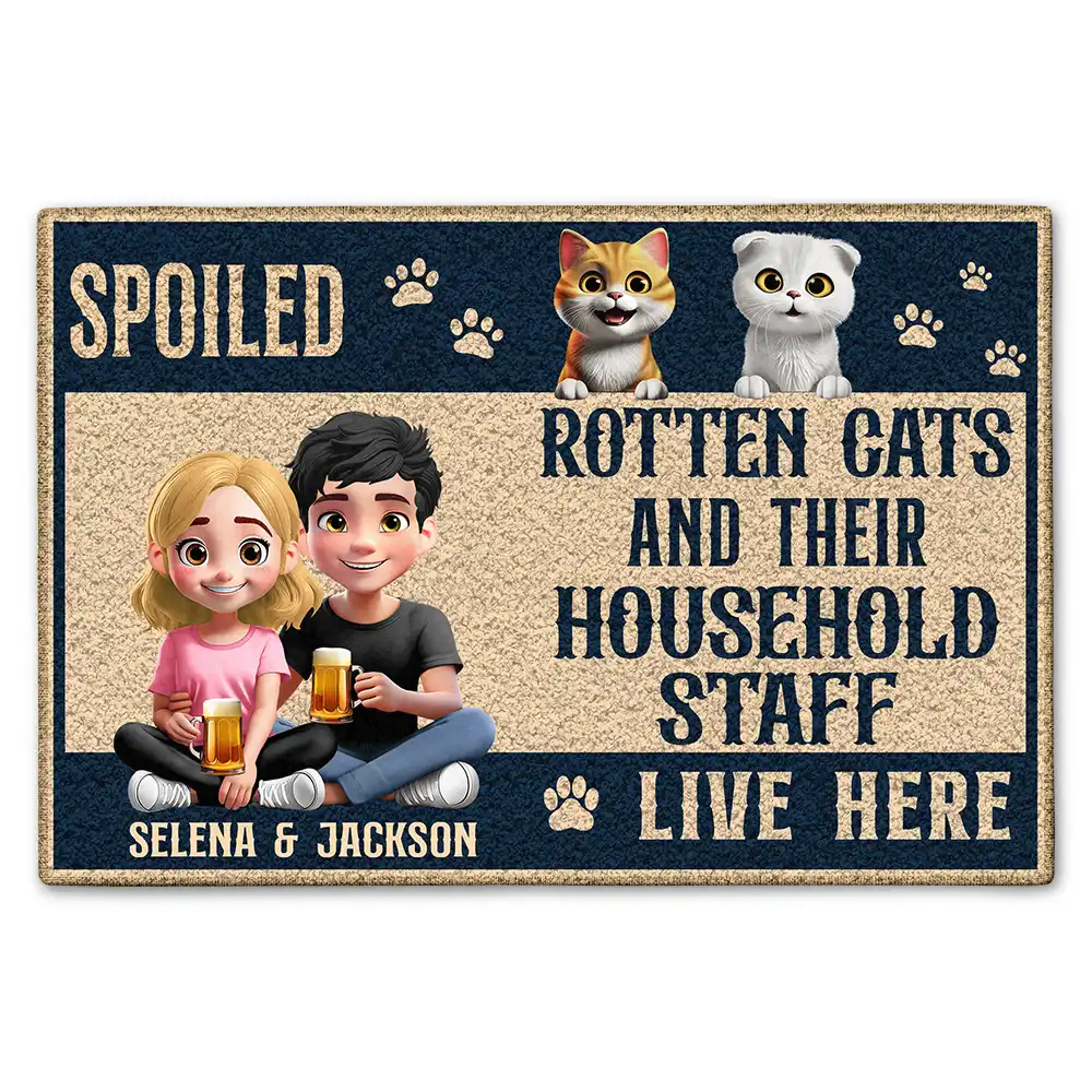 Cat Lovers, Cat Couple, Pet Lovers, Happy - Spoiled Cats Live Here 3D Effect - Personalized Doormat