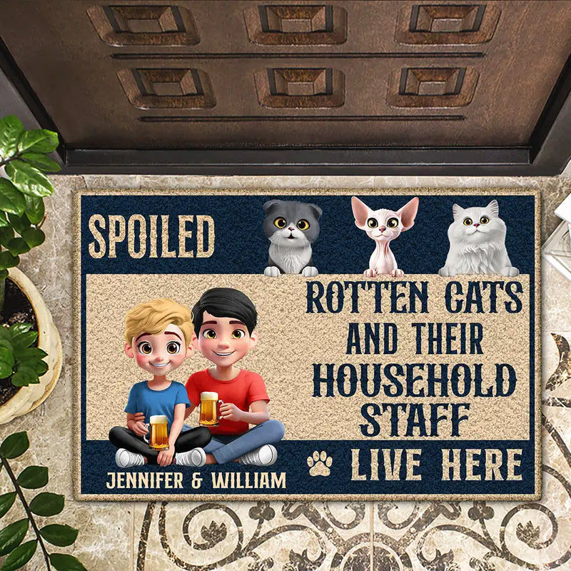 Cat Lovers, Cat Couple, Pet Lovers, Happy - Spoiled Cats Live Here 3D Effect - Personalized Doormat