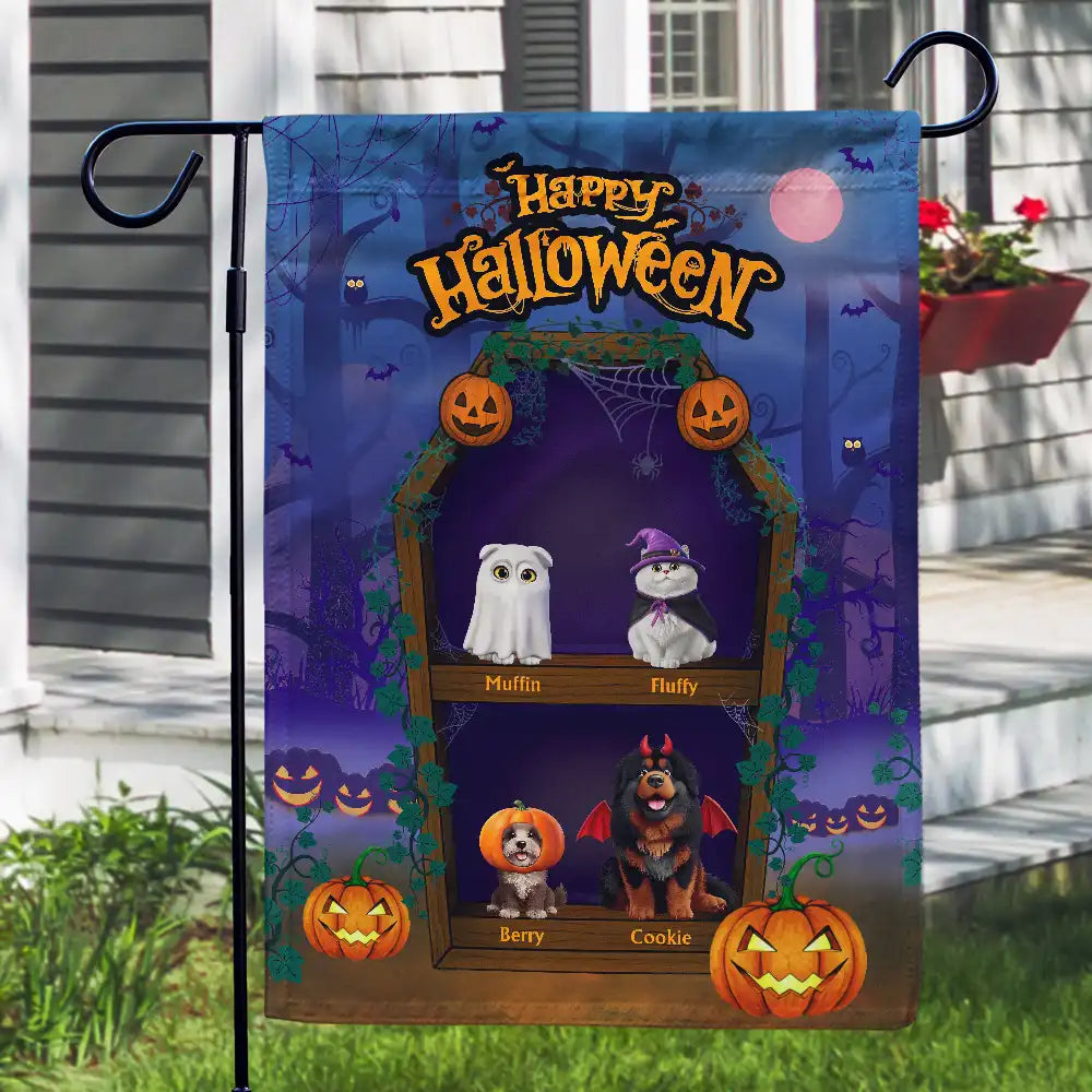 Halloween,Pet Lovers,Funny - Spooky Cute Pets In Coffin Shelves - Personalized Flag