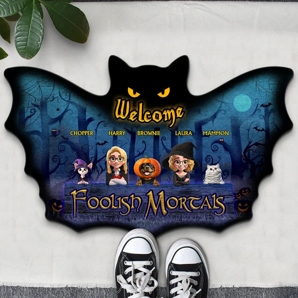 Halloween, Pet Couple, Funny - Spooky Wings Welcome Foolish Mortals - Personalized Custom Shaped Doormat