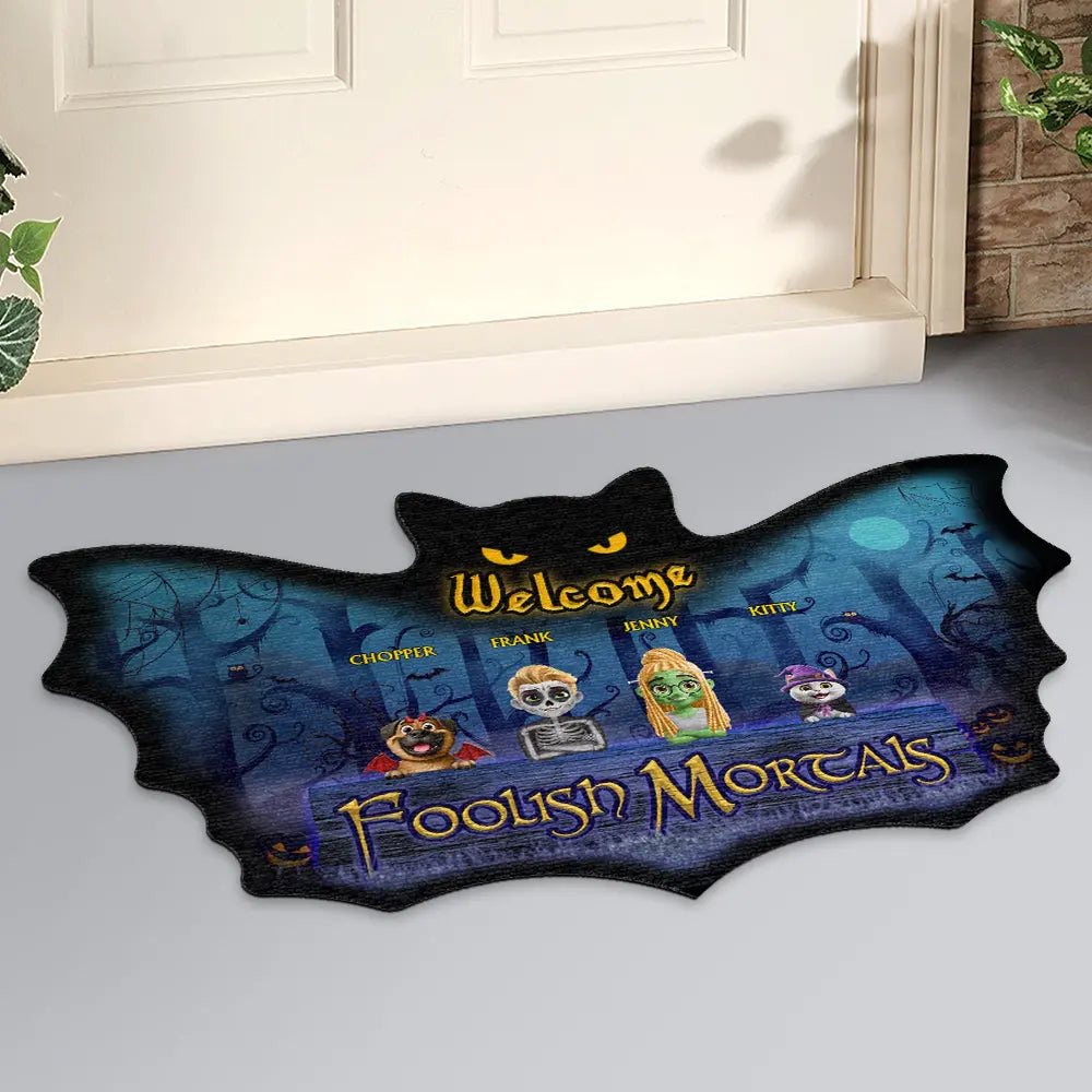 Halloween, Pet Couple, Funny - Spooky Wings Welcome Foolish Mortals - Personalized Custom Shaped Doormat