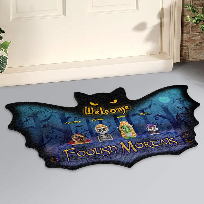 Halloween, Pet Couple, Funny - Spooky Wings Welcome Foolish Mortals - Personalized Custom Shaped Doormat