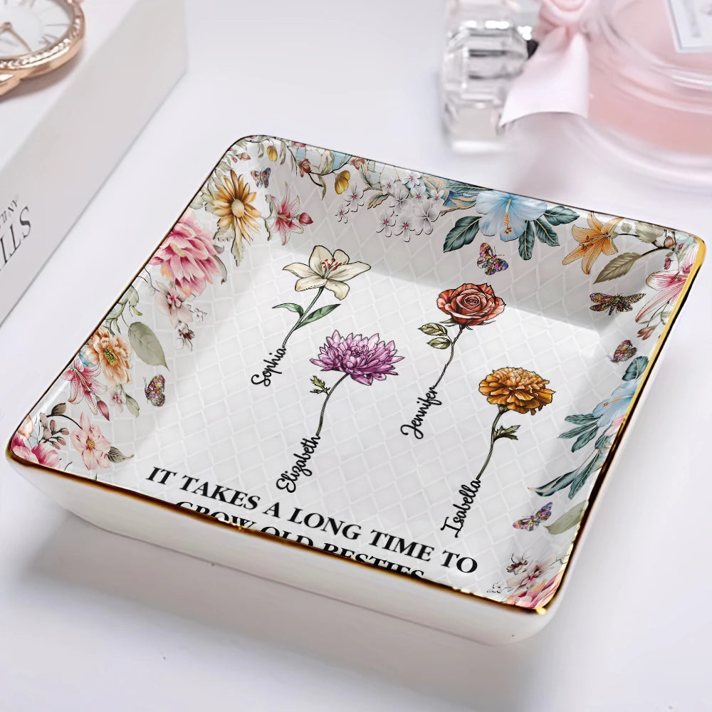 Gift For Bestie,Love - Stained Glass Birth Flower Mosaic Art Friendship Is A Journey - Personalized Ring Dish