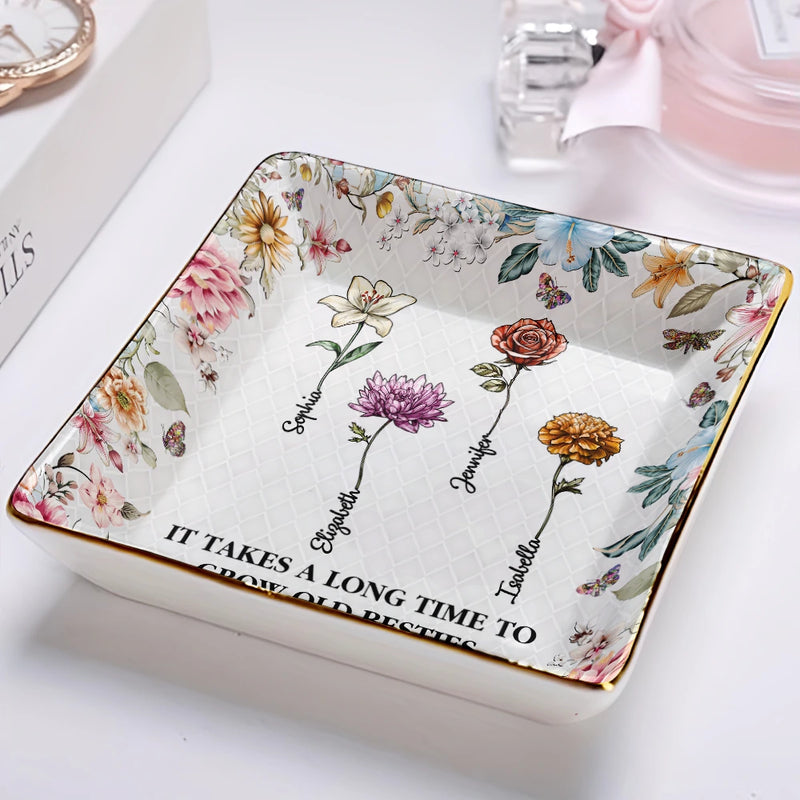 Gift For Bestie,Love - Stained Glass Birth Flower Mosaic Art Friendship Is A Journey - Personalized Ring Dish