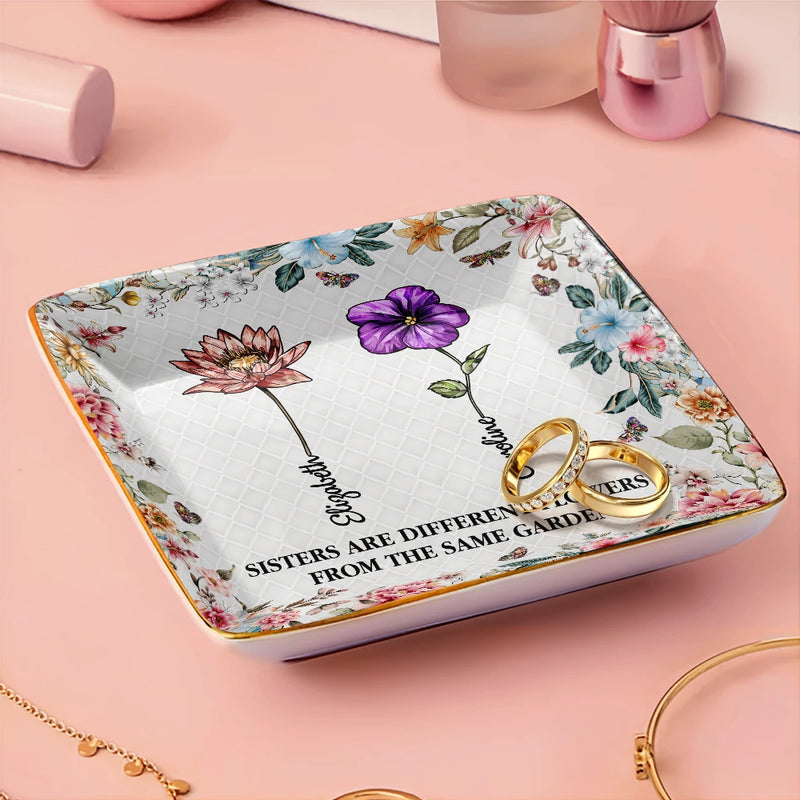 Gift For Bestie,Love - Stained Glass Birth Flower Mosaic Art Friendship Is A Journey - Personalized Ring Dish