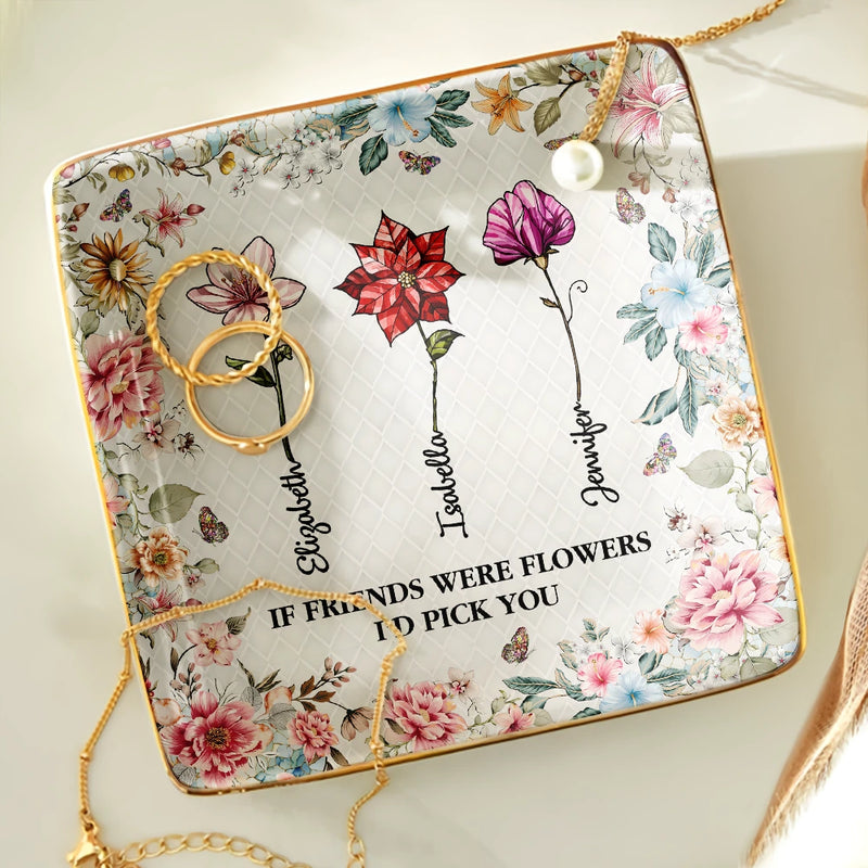 Gift For Bestie,Love - Stained Glass Birth Flower Mosaic Art Friendship Is A Journey - Personalized Ring Dish