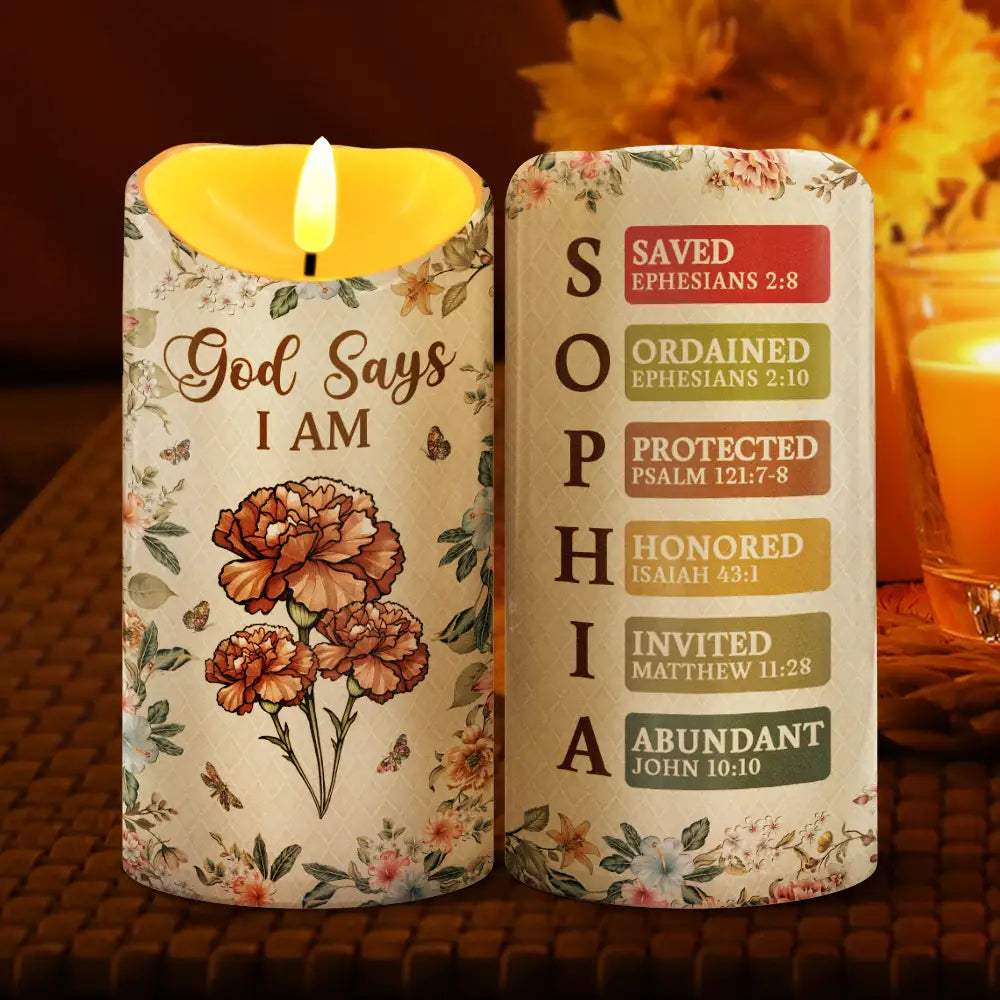 Gift For Yourself, Gift For Women, Christmas, Christian, Happy, Top Market - Stained Glass Birth Flower Mosaic Art God Says I Am - Personalized Flameless LED Candle